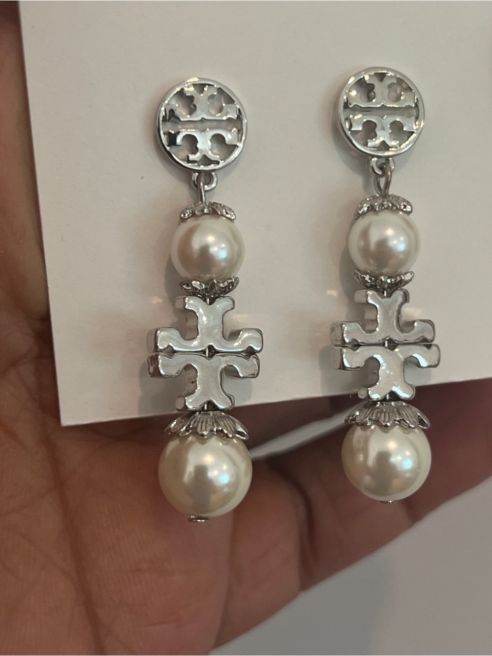 Tory Burch Silver and Pearl Drop Logo Earrings